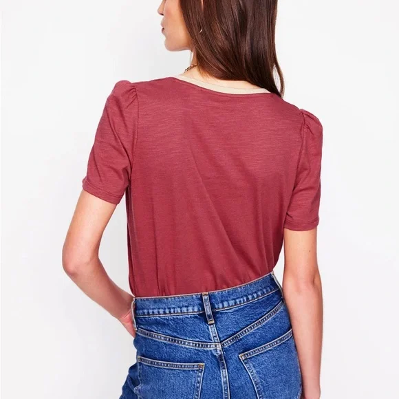 Boden Red and Metallic Gold V-Neck Short Sleeve Tee - Picture 4 of 10